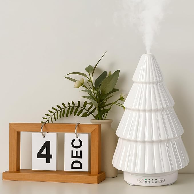 Christmas Essential Oil Diffuser Gifts Ceramic 120ml Christmas Tree Diffuser for Essential Oil Cute Small Aromatherapy Humidifier for Home Office Holiday Decorations(White)