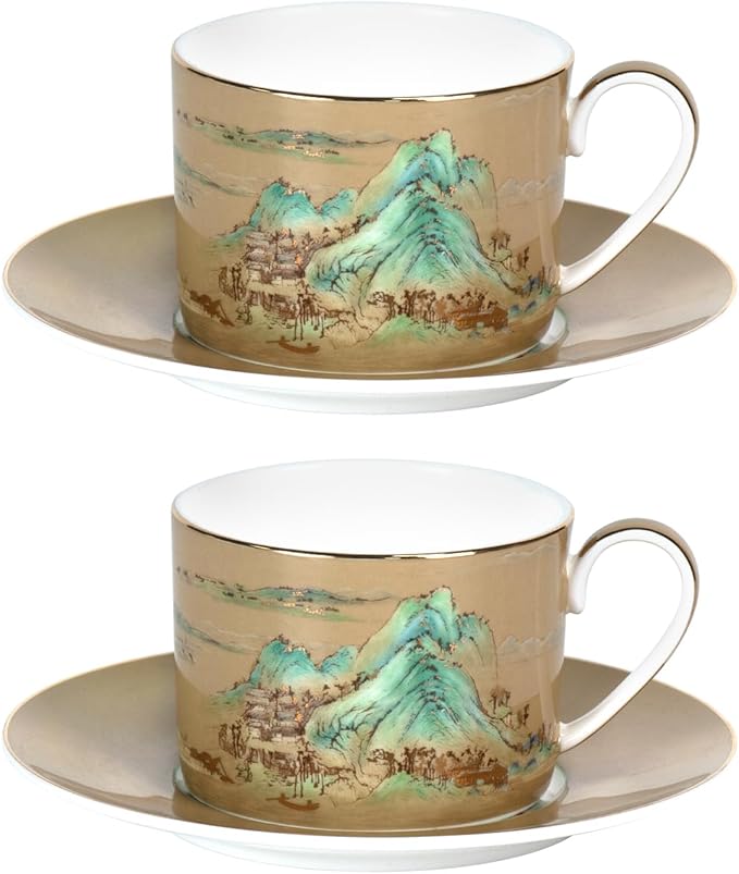 KAMMAK Tea Cups and Saucers Set of 2, Fine Bone China Coffee Cups, Stackable Espresso Mugs, Ceramic Demitasse for Coffee, Cappuccino, Latte, Americano, Tea, Large - River and Mountains