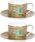 KAMMAK Tea Cups and Saucers Set of 2, Fine Bone China Coffee Cups, Stackable Espresso Mugs, Ceramic Demitasse for Coffee, Cappuccino, Latte, Americano, Tea, Large - River and Mountains