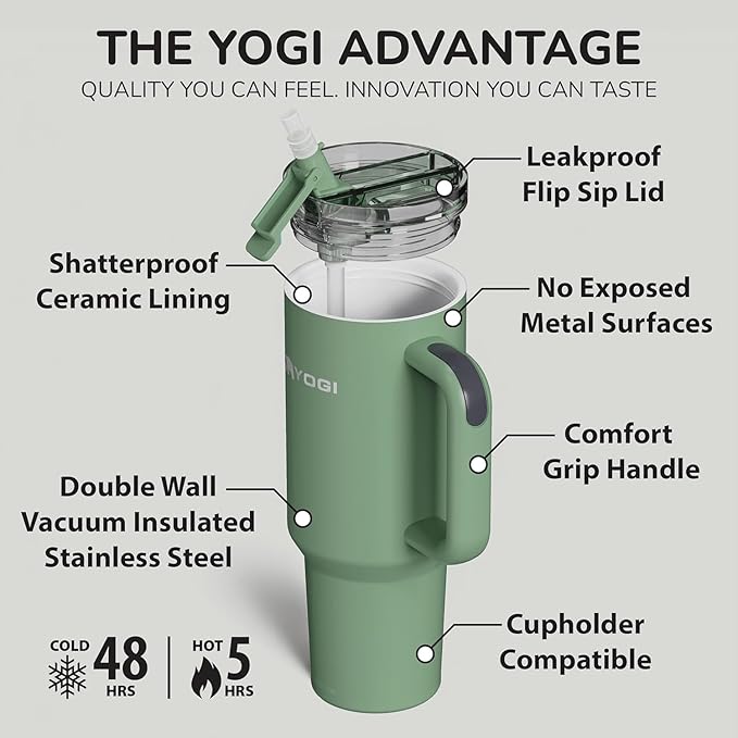 YOGI Ceramic Lined Metal Allergy Safe 40oz Tumbler with Handle and Straw Leakproof Flip & Sip Lid Vacuum Insulated Stainless Steel Travel Cup for Iced Coffee Water and All-Day Hydration 40oz Sage