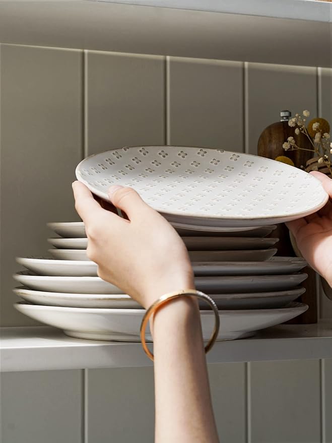 LE TAUCI Ceramic Salad Plates Set of 4, 8 Inch Embossed Dessert Plates for Appetizer and Small Dinner, Modern White Ceramic Plates for Kitchen, Microwave and Dishwasher Safe - Arctic White