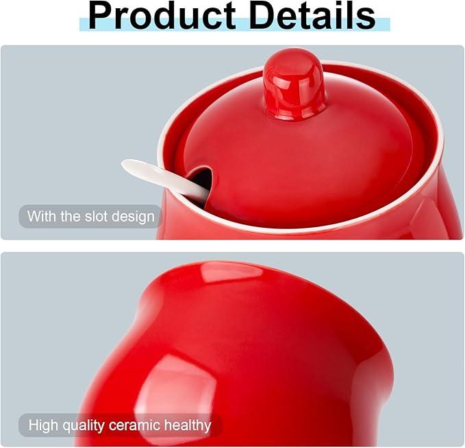 Ceramic Sugar Bowl with Lid and Spoon, Red Porcelain Sugar Salt Pepper Storage Jar, 12 Ounces