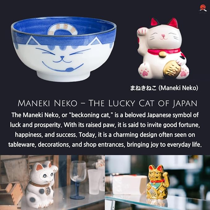JapanBargain 2471, Set of 4 Japanese Porcelain Bowls Serving Miso Soup Pho Ramen Udon Donburi and Salad, Maneki Neko Smiling Cat Pattern, 18 fl.oz. 5-inch, Blue Color, Made in Japan