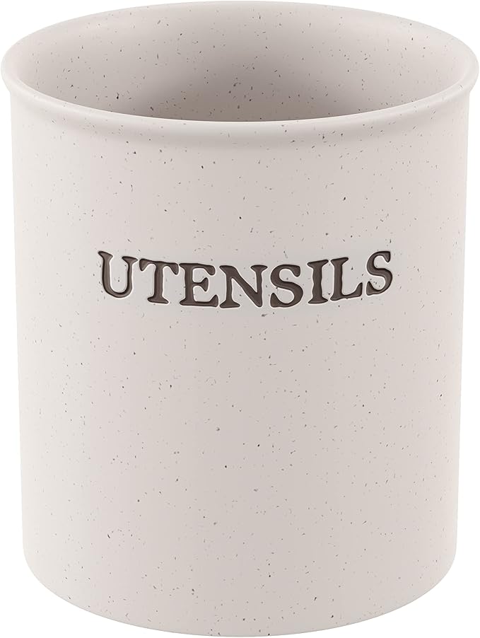 KooK Large Utensil Crock for Kitchen Counter, Ceramic Utensil Holder, Heavy & Stable Caddy, Farmhouse Decor, Matte Speckled Stoneware, Cream, 6 inch, Dishwasher Safe