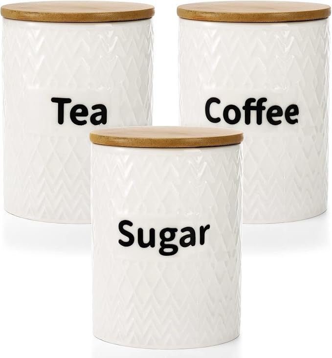 Peohud 3 Pack Ceramic Kitchen Canister Set, 29oz Airtight Food Storage Jars with Bamboo Lids, Tea Coffee Sugar Container Set for Counter, Kitchen Decor