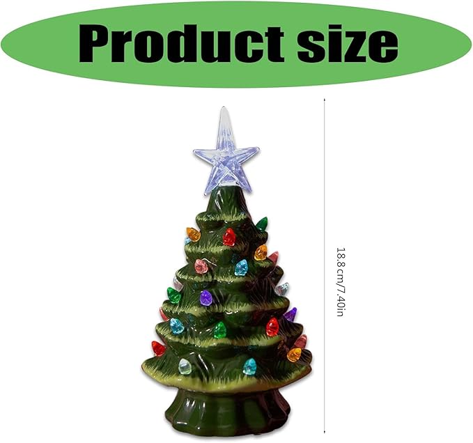 Small Resin Christmas Tree Decor, Tabletop Christmas Tree Star Topper, Holiday Decoration with 40 Multi-Color Lights, Xmas Fall Decorations for Home (Green-White)