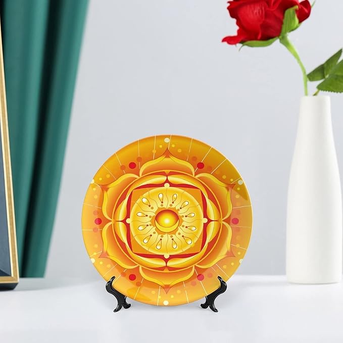 XISUNYA 8 Inch Decorative Plate, Lotus Ceramic Craft, Circular Journey Energetic Body Zen Life Symbol Print Ornament Display Plate Handmade Plate Wedding Gifts, Orange Yellow
