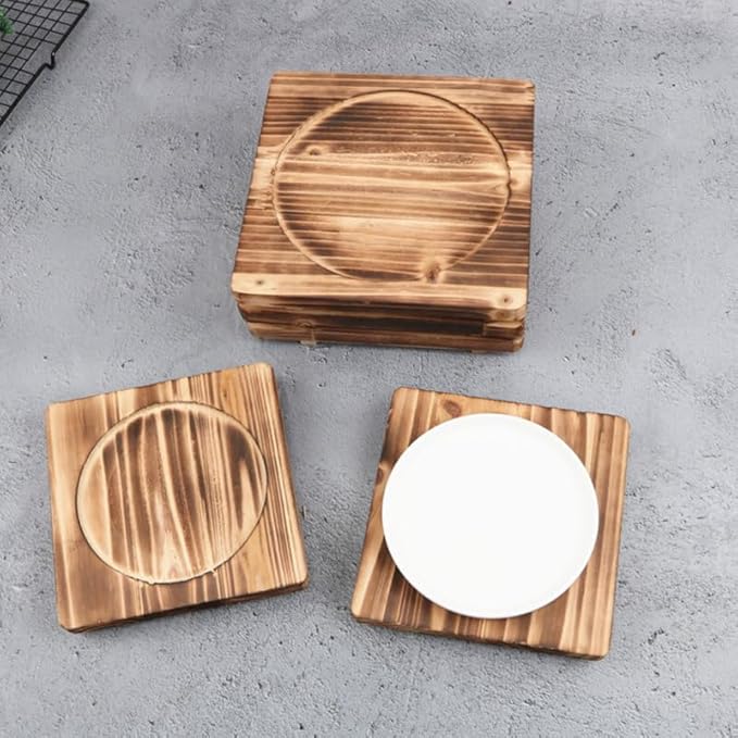 Unomor 2Pcs Heat Resistant Trivet Mats for Hot Pots and Dishes-Wooden Stone Bowl Place Mats with Rustic Charcoal Design Countertop Heat Protectors for Kitchen Use 7.87X7.87 Inches