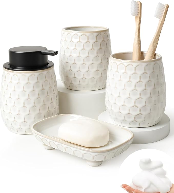 Bathroom Accessory Set 4PCS, Ceramic Bathroom Accessories Set, Foaming Soap Dispenser Set Complete, White Honeycomb Design, Home Apartment Modern Bath Decor Vanity Countertop, ANTIS'S HOME