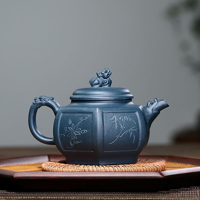 Yixing Clay Teapot 10oz Zisha Tea Pot Hexagonal Handmade Dragon and Lion Chinese Kungfu Tea Set (Tianqing clay)
