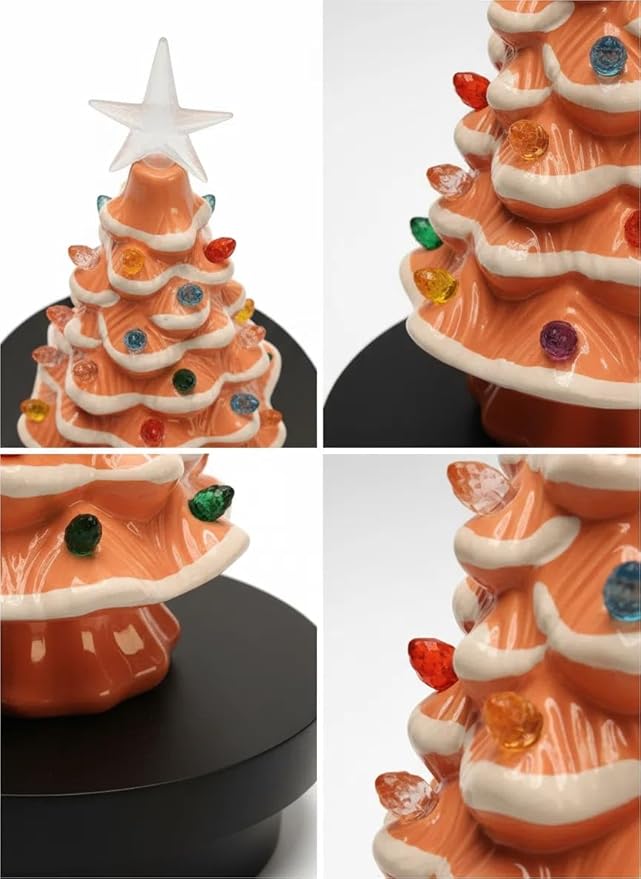 Small Resin Christmas Tree Decor, Tabletop Christmas Tree Star Topper, Holiday Decoration with 40 Multi-Color Lights, Xmas Fall Decorations for Home (Pink-White)