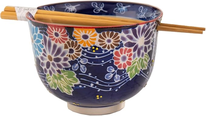 Urban Tokyo Handpainted Ceramic Glazed Japanese Ramen Udon Noodle Rice Bowl With Chopsticks 20 fl oz 5 inch Diameter Bowl Sets Color Box Packaging (Floral Assortment)