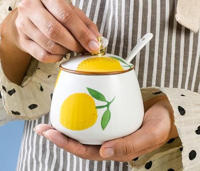 Ceramic Sugar Bowl Lemon Spice Jar Storage Jar with Lid Spoon, 10oz