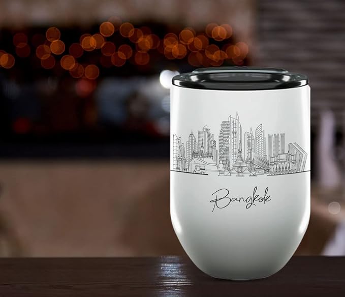 Bangkok Skyline Wine Tumbler, Asia Skyline 12oz Wine Tumbler, Custom Wine Tumblers Gift For Birthday, Spill Resistant Tumblers for Women, Personalized Wine Tumbler