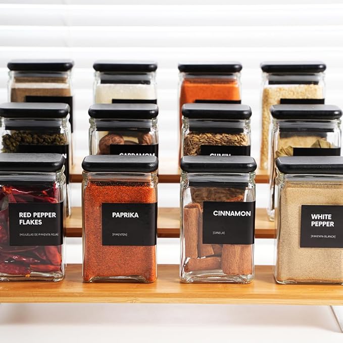 APT 1101 4 oz Glass Square Spice Jars with Labels, Glass Jars with Bamboo Lids, Spice Bottles, Seasoning Organizer, 12 Pack (Black)