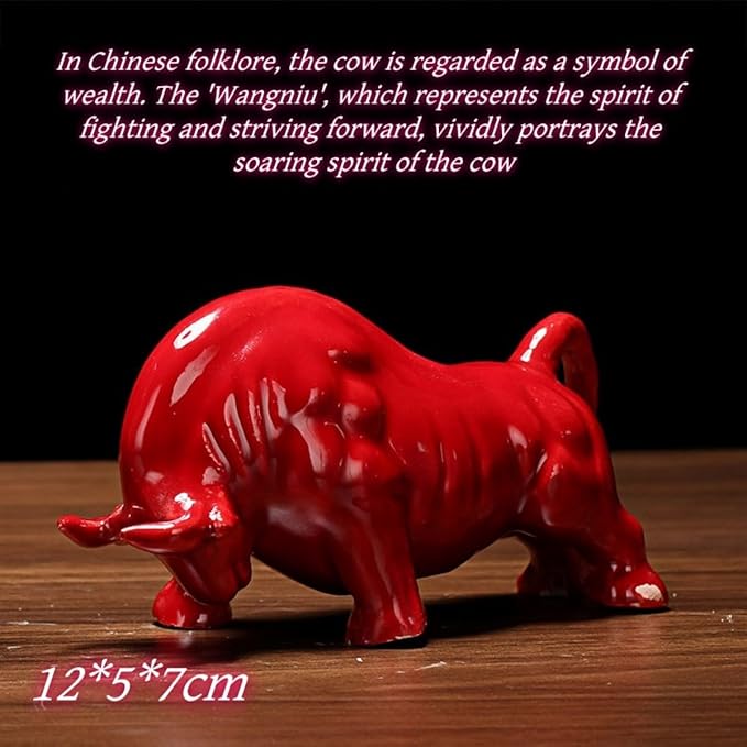 Handmade Ceramic Animal Statue Ceramic Struggling Bull Sculpture Asian Art Decoration Collection Ornaments - Bowing Red
