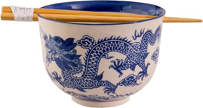Urban Tokyo Handpainted Ceramic Glazed Japanese Ramen Udon Noodle Rice Bowl With Chopsticks 20 fl oz 5 inch Diameter Bowl Sets Color Box Packaging (Oriental Dragon Blue)