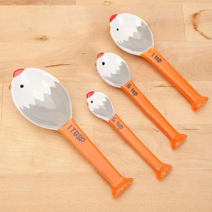Bits and Pieces 4-Piece Ceramic Chicken Measuring Spoons Set with Holder - Farm Animal Country Theme - Includes 1/4, 1/2, 1 Teaspoon, 1 Tablespoon, Kitchen Chicken Decor