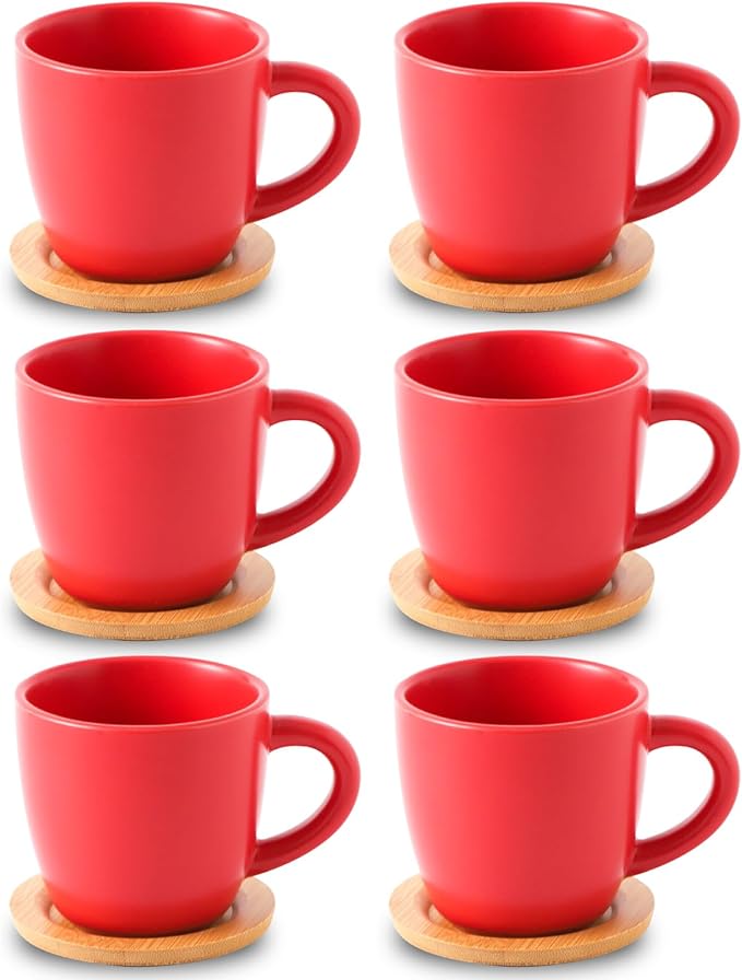 HASENSE 8 oz Tea Cups and Saucers Set of 6, Ceramic Coffee Cups Latte Cappuccino Cups with Handle for Double Shot, Cafe Mocha, Espresso, Stackable Coffee Mugs for Party Home and Kitchen, Red