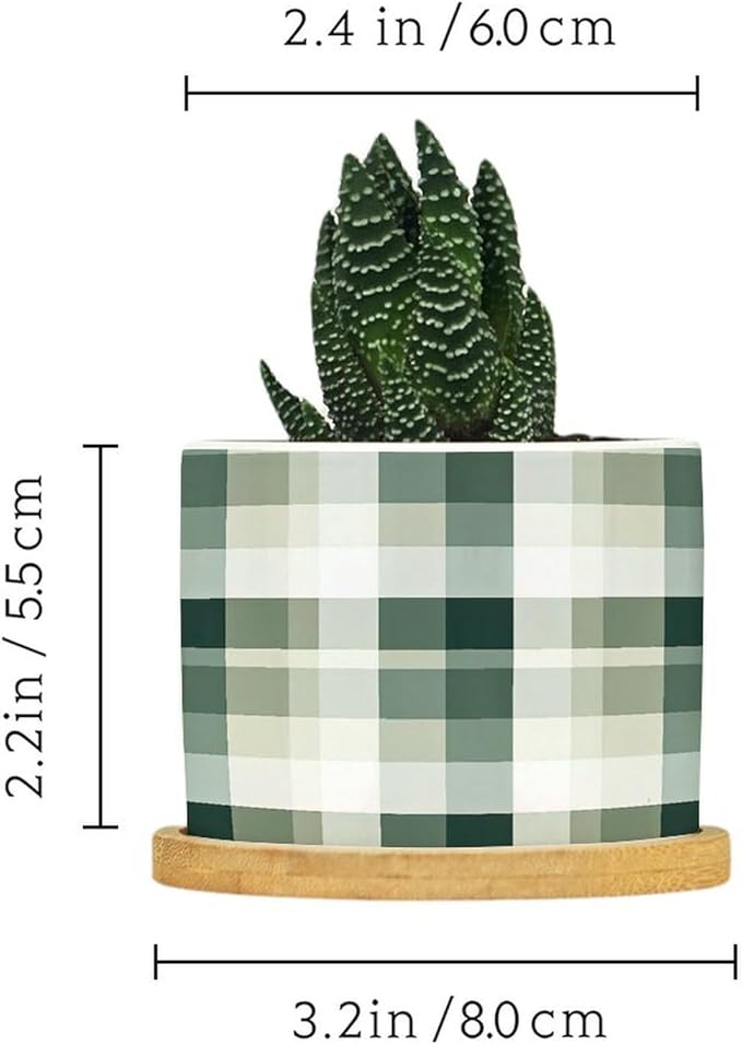 Sage Green Buffalo Plaid Planters Ceramic Green Buffalo Check Round Flower Pots with Drainage Holes and Bamboo Tray Pot for Home Desktop Office Windowsill