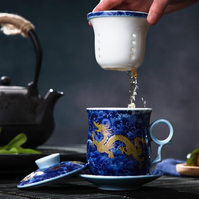Porcelain Tea Cup with Infuser Lid and Saucer Sets - Chinese Jingdezhen Ceramics Coffee Mug Teacup Loose Leaf Tea Brewing System for Home Office