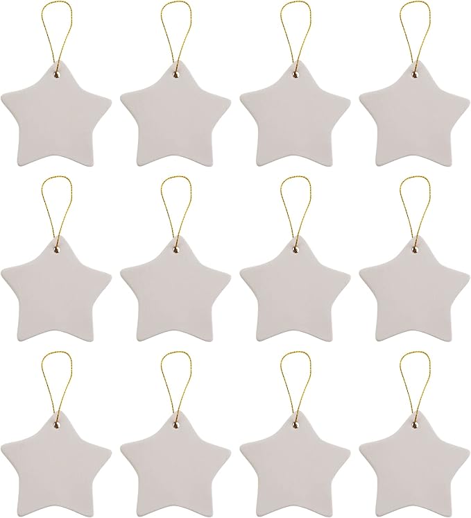 Creative Hobbies Ready to Paint DIY Ceramic Bisque Star Shaped Ornaments with Hanger for Christmas Tree and Holiday Decoration | Pack of 12