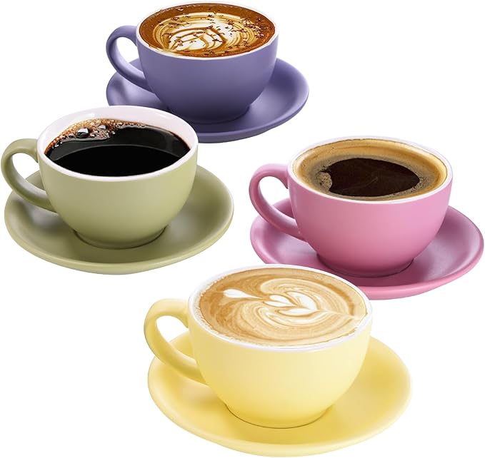 Yundu Matte Color Cappuccino Cups Set of 4-10oz Ceramic Latte Mugs with Saucers, Elegant Espresso Cups for Coffee & Tea