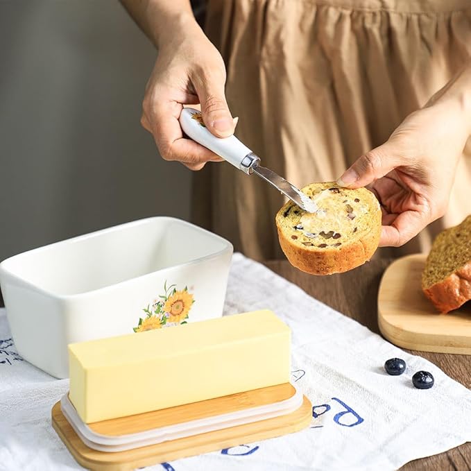 WAIT FLY Flower Ceramic Butter Dish with Bamboo Lid and Knife, 2 Sticks Butter Dish Butter Container Keeper for Kitchen Countertop, Home Decorative-Sunflower