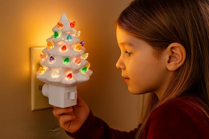 Christmas Night Light - White Tree Christmas Nightlight Plug Into Wall, 6" Ceramic, Holiday Decorations, Winter Home Décor for Kids/Adults