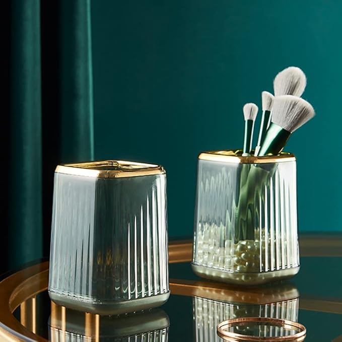 Makeup Brush Cup Holder Organizer for Vanity, Acrylic Vintage Green Make Up Brushes Holders Container Storage with Striped Design for Bathroom Countertop, Pen Pencil Holder Cosmetic Cup for Desk