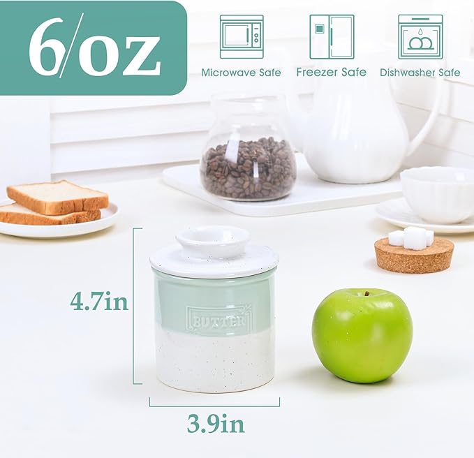 NUTRIUPS Ceramic Butter Crock, Butter Dish with Lid for Countertop with Water Line, French Retro Butter Crock for Spreadable Butter (Cyan Mist White)