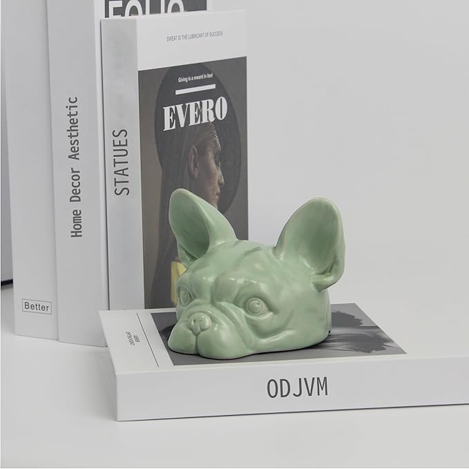 Green Dog Head Statue - Handmade Ceramic Bulldog Figurines for Home Office Decor, Healing Gifts for Dog Lovers (Sage Green, 5.31"×4.72"×3.74")