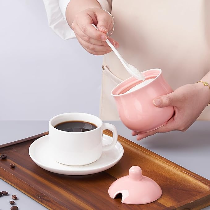Ceramic Sugar Bowl with Lid and Spoon, Pink Porcelain Sugar Salt Pepper Storage Jar, 12 Ounces