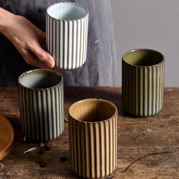 LIFKOME Japanese Tea Cups Ceramics Coffee Mugs Chinese or Japanese Style Porcelain Milk Mug No Handles Vintage Stripe Beverage Cup Drinks Tumbler for Tea Lovers 300ml Green Tea Cup Set