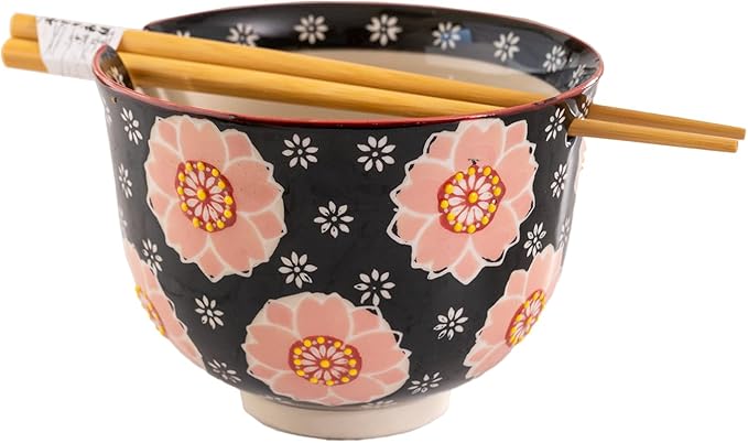 Urban Tokyo Handpainted Ceramic Glazed Japanese Ramen Udon Noodle Rice Bowl With Chopsticks 20 fl oz 5 inch Diameter Bowl Sets Color Box Packaging (Sakura Cherry Blossoms)