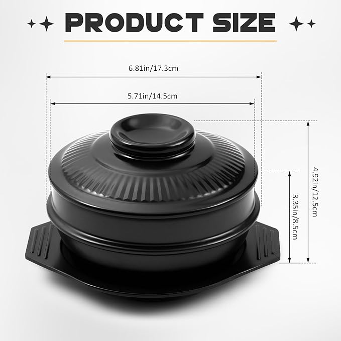 Korean Stone Bowl with Lid and Platter 32 oz Ceramic Bowl for Cooking, Sizzling Hot Pot, Clay Pot for Dolsot Bibimbap, Soup Casserole, Rice, Stew, Noodle, Korean Cookware