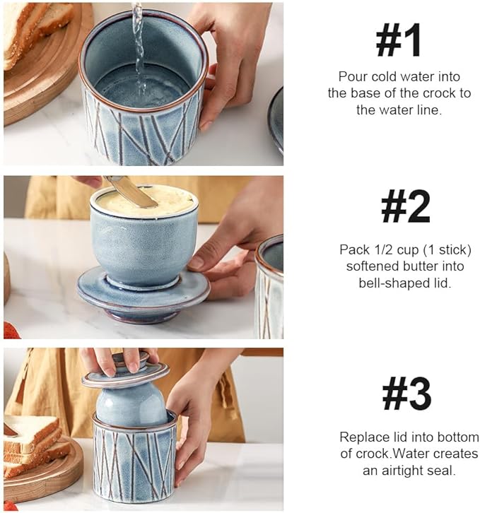 HVH Ceramic Butter Crock, French Butter Dish with Lid for Countertop, Butter Crock with Water, Butter Keeper for Counter, Butter Holder for Soft Butter (Wabi sabi)