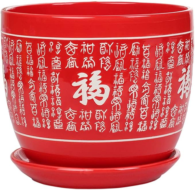 Red Ceramic Flower Pot with Saucer Chinese Style Planter Traditional Asian Decorative Pot Indoor Cylindrical Plant Pots for Indoor Outdoor Plants, Home Office Decor