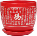 Red Ceramic Flower Pot with Saucer Chinese Style Planter Traditional Asian Decorative Pot Indoor Cylindrical Plant Pots for Indoor Outdoor Plants, Home Office Decor