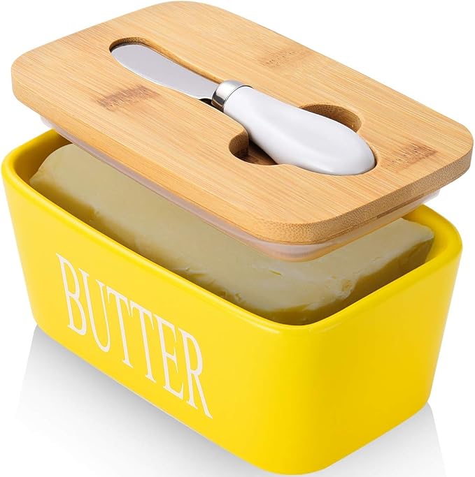 Butter Dish with Lid, Home Decor, Large Butter Dish for Countertop Ceramic Butter Keeper Container with Knife and High Quality Silicone Sealing Butter Box Good Kitchen Gift Yellow