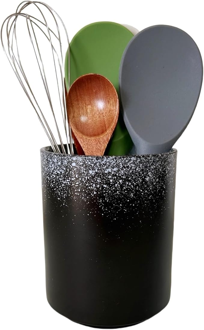 Short Kitchen Utensil Holder for Kitchen Counter, Ceramic Small Utensil Crock & Vase & Holder for Cutlery Spatula Brush Silverware Cooking Utensil Holder (Snow Night)