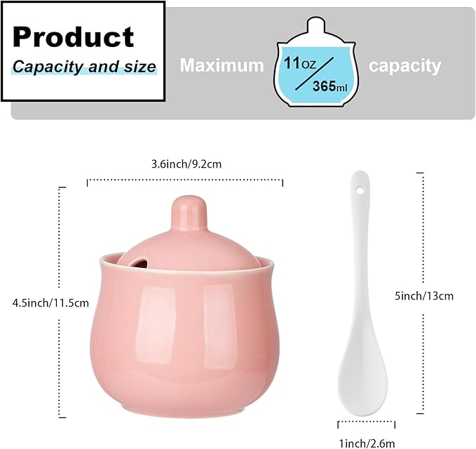 Ceramic Sugar Bowl with Lid and Spoon, Pink Porcelain Sugar Salt Pepper Storage Jar, 12 Ounces