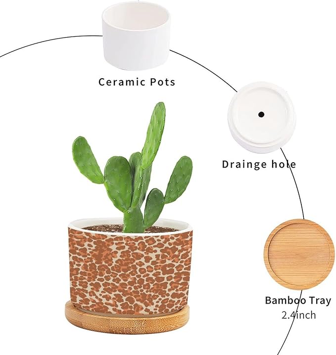 Leopard Orange Light Brown Dot Planter Ceramic African Tribal Animal Print Round Flower Pot with Drainage Holes and Bamboo Tray Pot for Pots Outdoor Indoor Plants