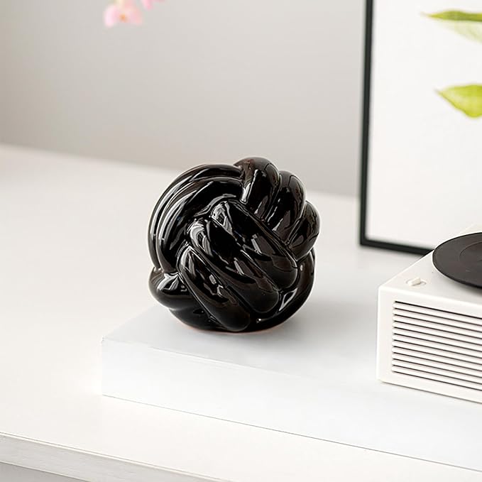Hotfiary Small Ceramic Knot Statues Gold Home Decor, Modern Style Figurine Decorative Ball Ornaments, Sculpture Aesthetic Decor for Living Room, Bedroom, Apartment, Bookshelf, Office, Cabinets, Black