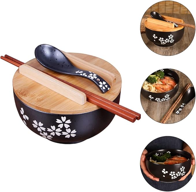 1 Set Japanese Style Ceramic Noodle Bowl with Cover and Spoon Soup Bowl for Ramen Soba Salad and Udon Easy to Clean Heat Preserving Design