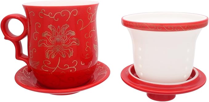 Porcelain Tea Cup with Infuser Lid and Saucer Sets - Chinese Jingdezhen Ceramics Coffee Mug Teacup Loose Leaf Tea Brewing System for Home Office