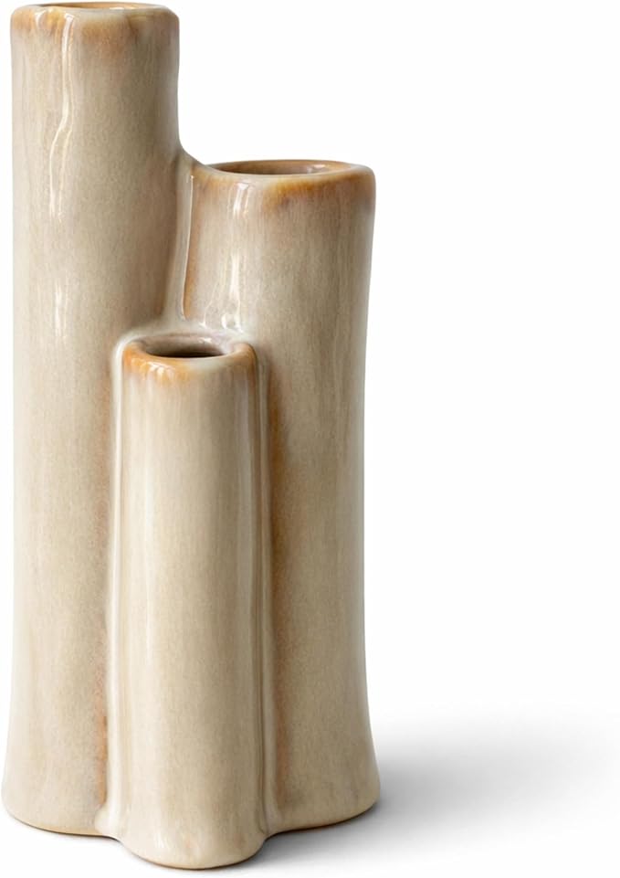 Ceramic Bud Vase, Sculptural Triple Tube Vase in Cream White for Modern Farmhouse & Minimalist Shelf Decor
