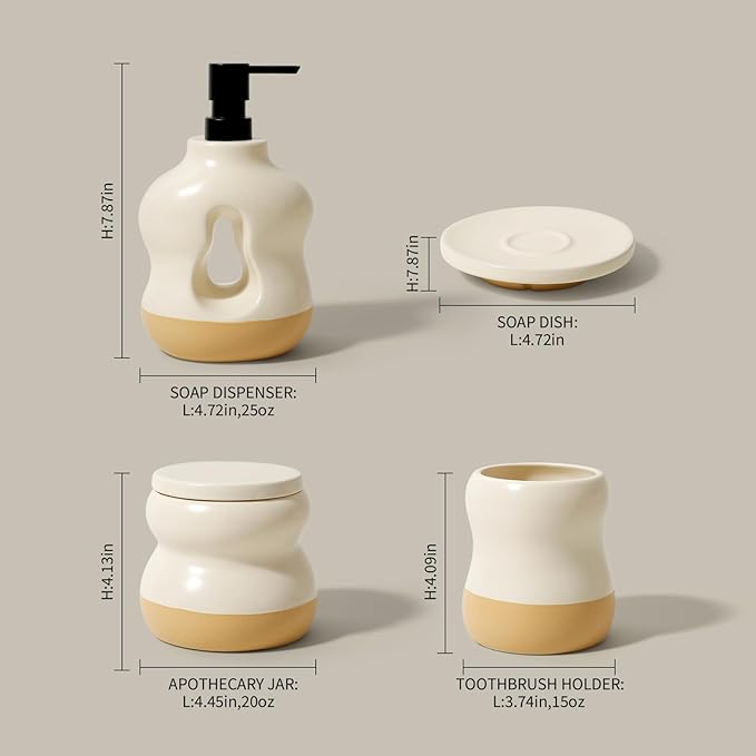 BosilunLife Bathroom Accessories Set of 4 - Beige Bathroom Countet Soap Set Bathroom Decor Bathroom Lotion Soap Dispenser Sets Toothbrush Holder, Soap Dish, Apothecary Jar (Beige with Sand Base)