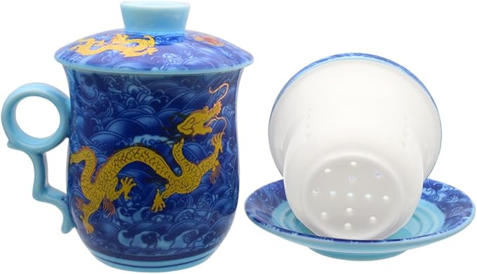 Porcelain Tea Cup with Infuser Lid and Saucer Sets - Chinese Jingdezhen Ceramics Coffee Mug Teacup Loose Leaf Tea Brewing System for Home Office