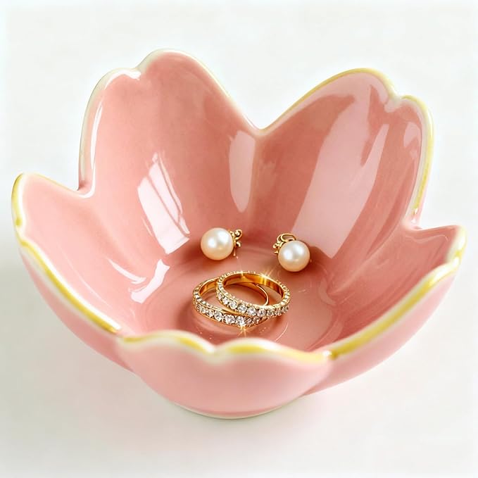 Pink Flower Ring Dish Ceramic Jewelry Tray, Small Trinket Dish Ring Bowl Jewelry Holder Organizer for Vanity/Bathroom/Nightstand, Birthday/Xmas/Engagement Gift for Women/Best Friends/Bride